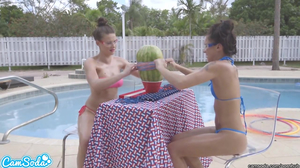 Lesbian teens gets naughty with watermelon explosion